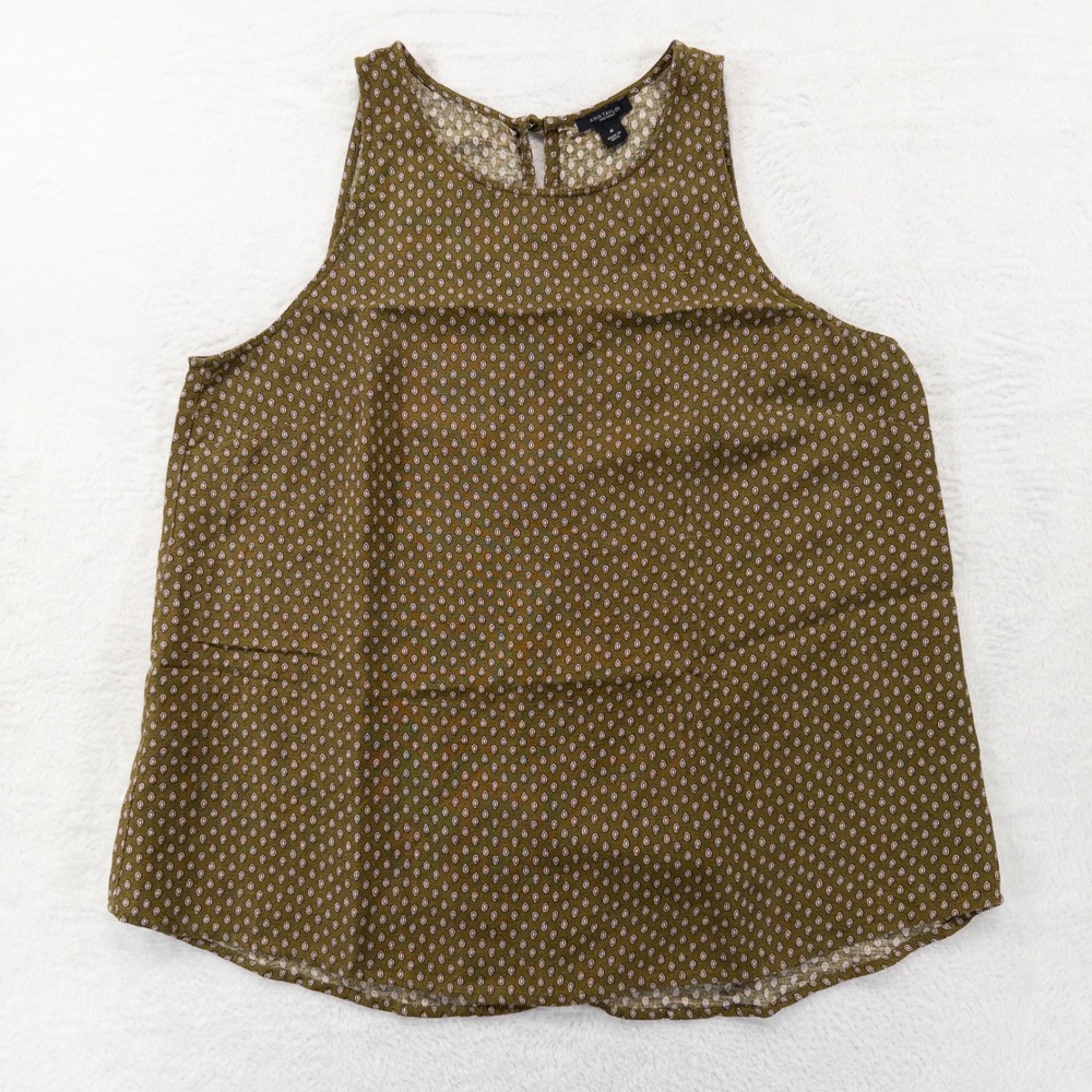 Ann Taylor Factory Womens Tank Top M Green Geometric Linen Button Back Casual